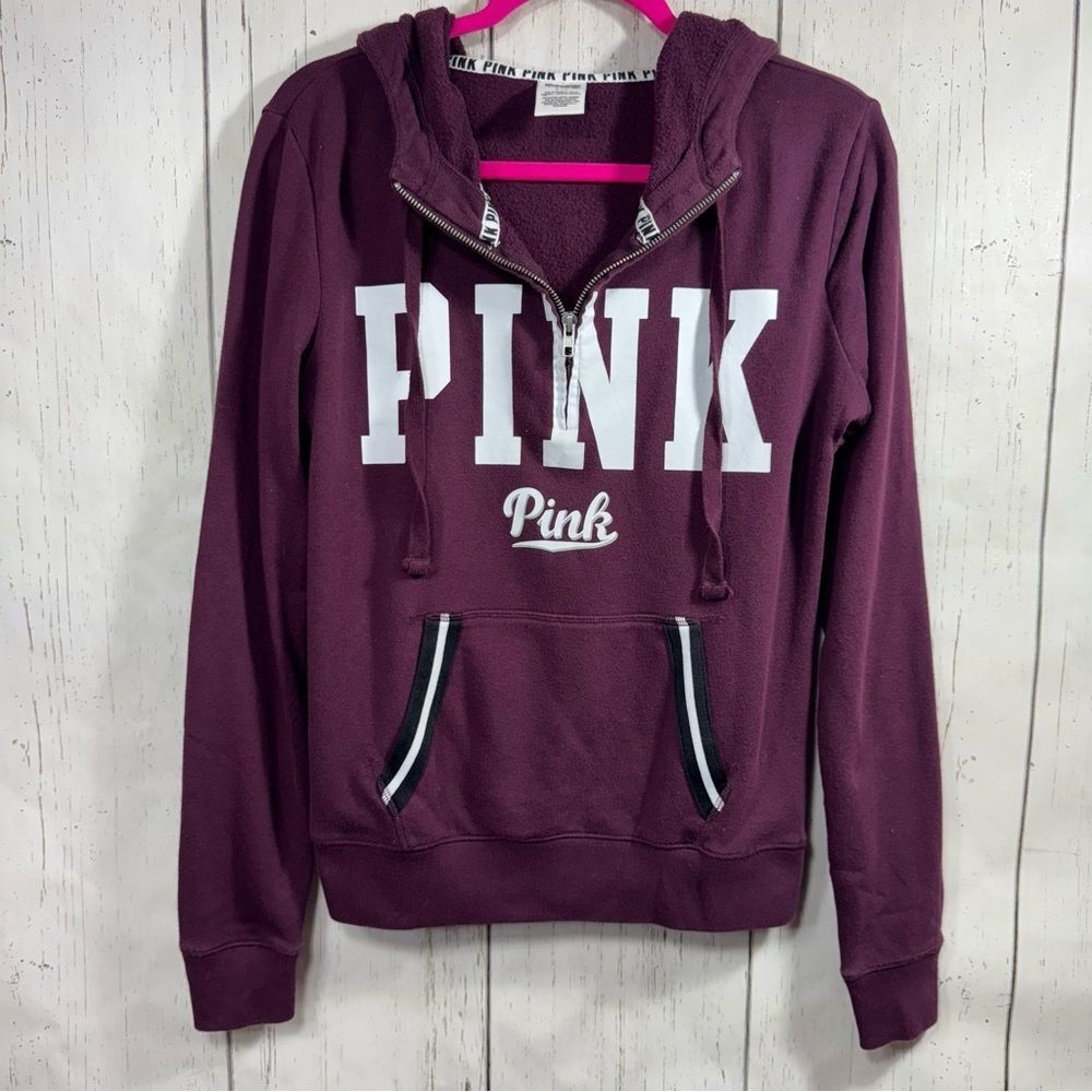 PINK Victorias Secret Burgundy Half Zip Logo Hoodie Y2K Cozy Casual Womens S